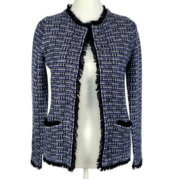 J.Crew XXS Tweed Fringe Lady Jacket – Chic Bouclé Blazer - Black Blue Silver - Picture 2 of 14